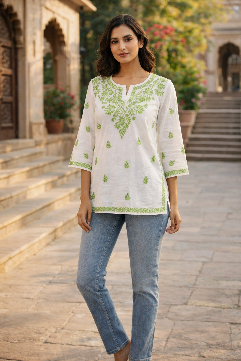 Tradional White short kurti with Jeans