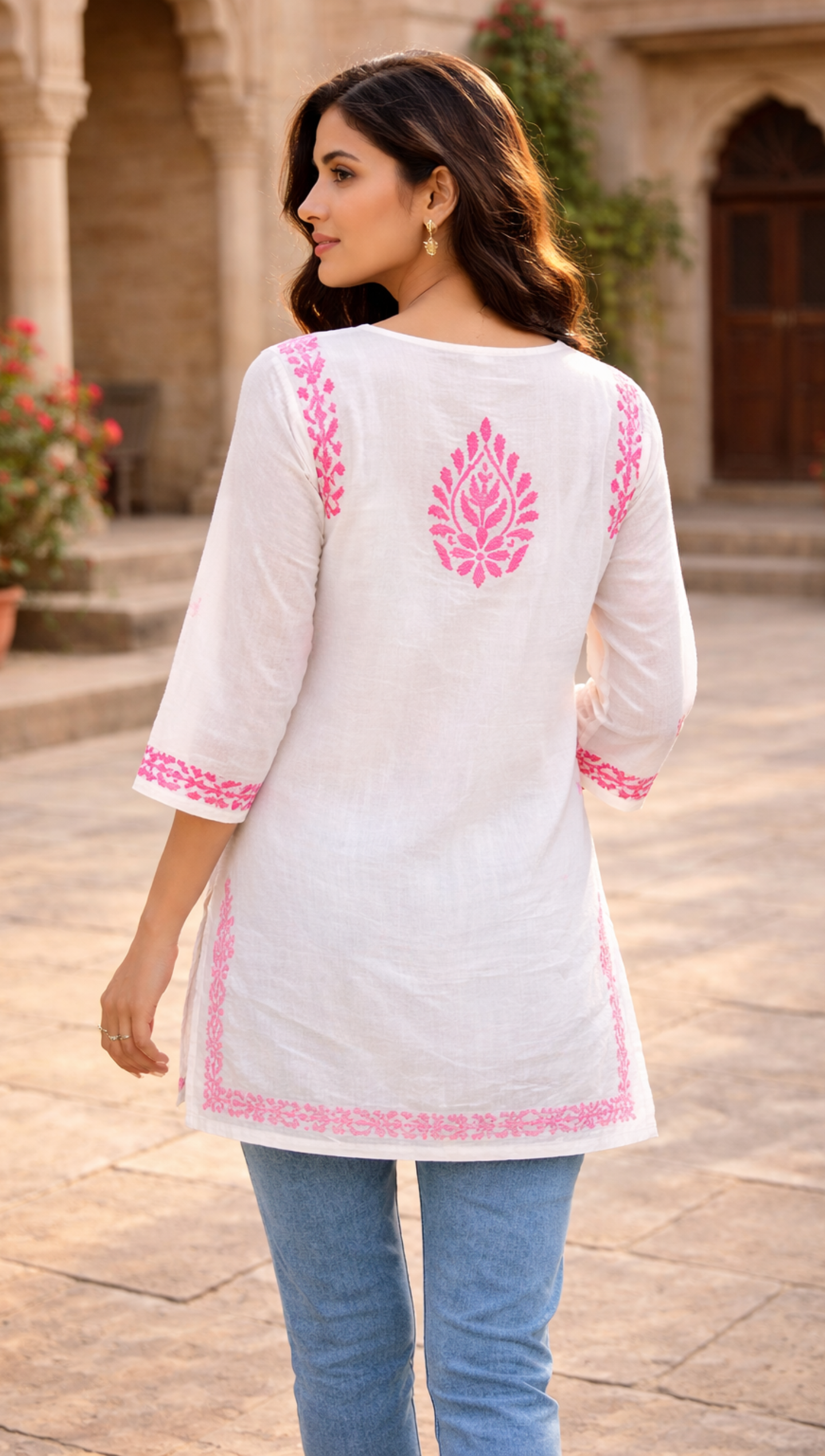 Tradional White short kurti with Jeans