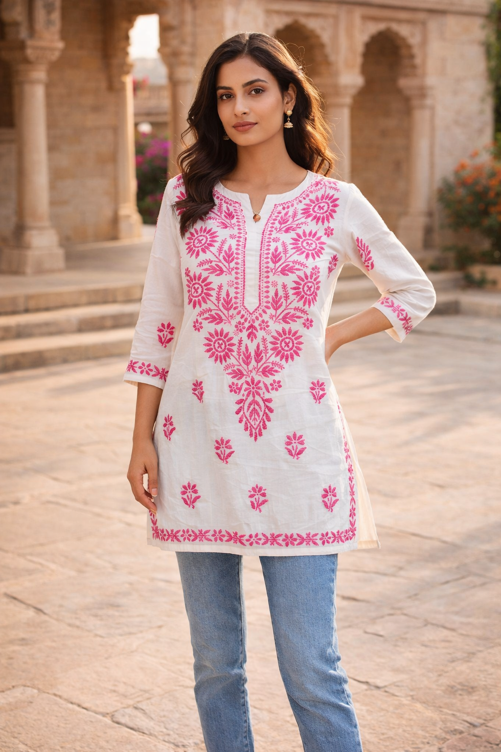 Tradional White short kurti with Jeans