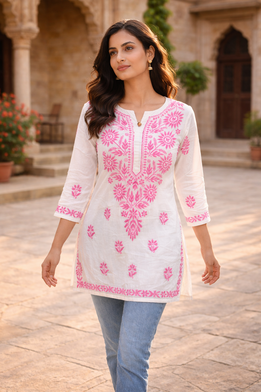 Tradional White short kurti with Jeans
