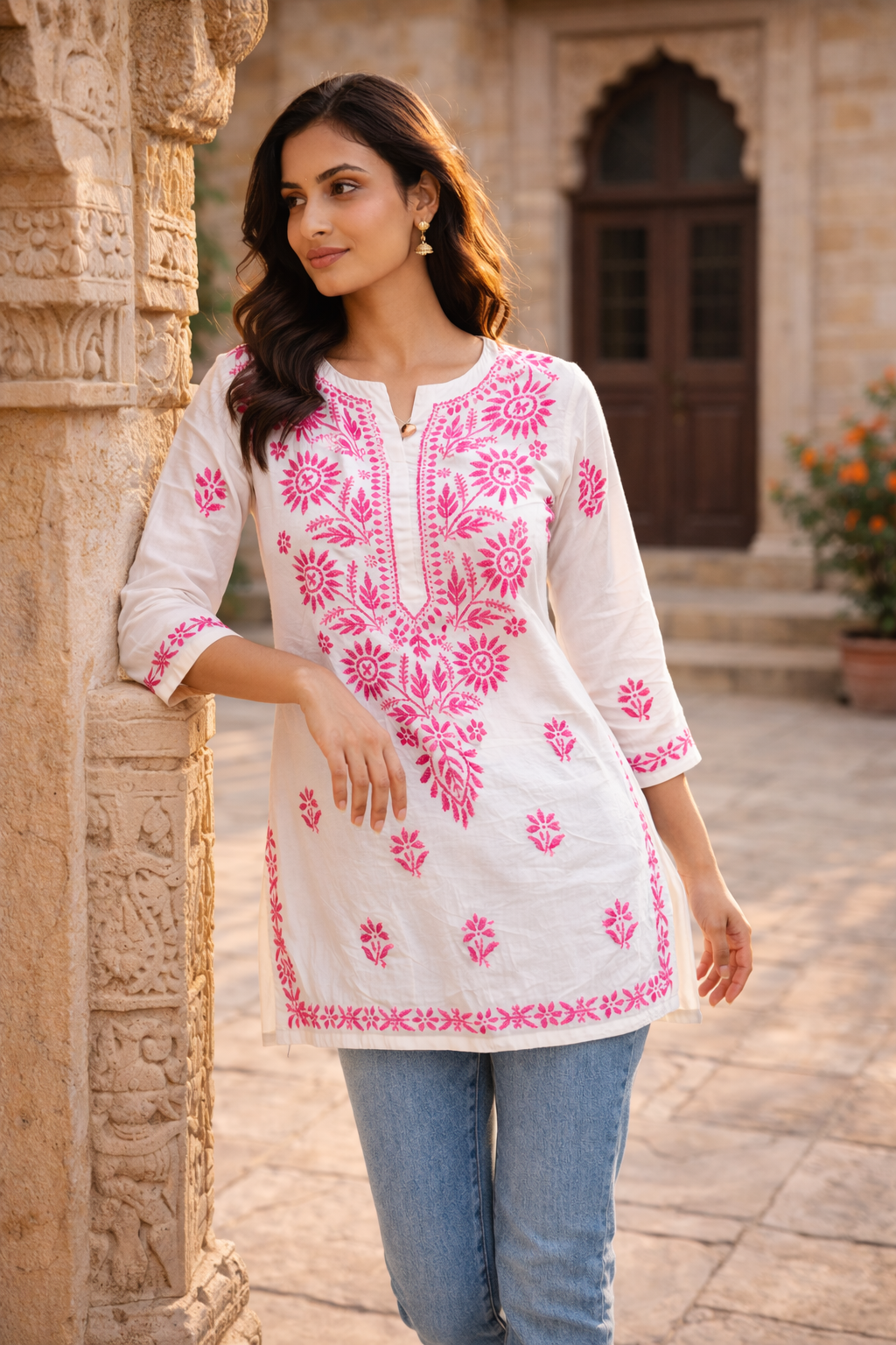 Tradional White short kurti with Jeans