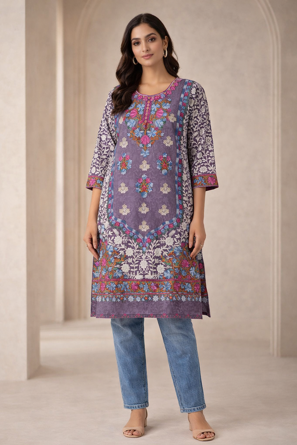 Kashmiri knee long  Kurti 3 piece