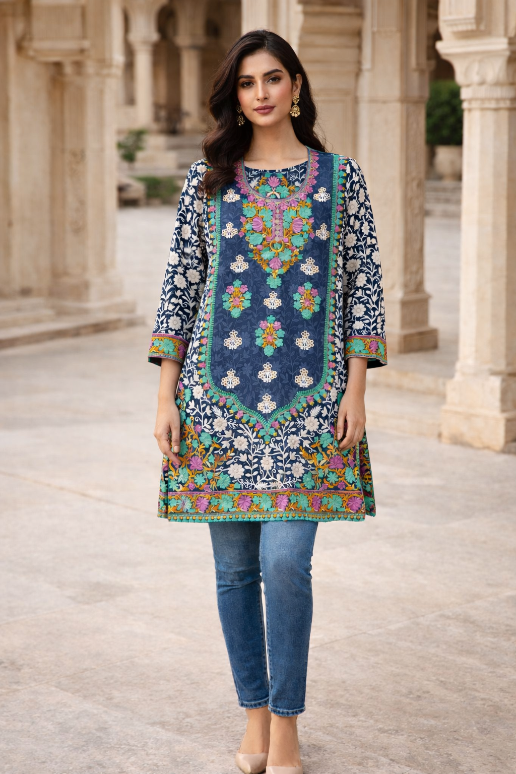 Kashmiri knee long  Kurti 3 piece
