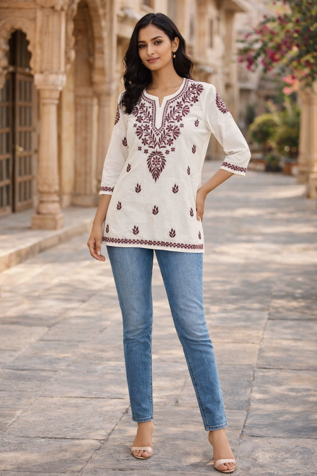 Tradional White short kurti with Jeans