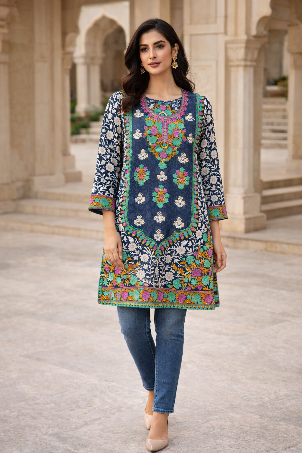 Kashmiri knee long  Kurti 3 piece