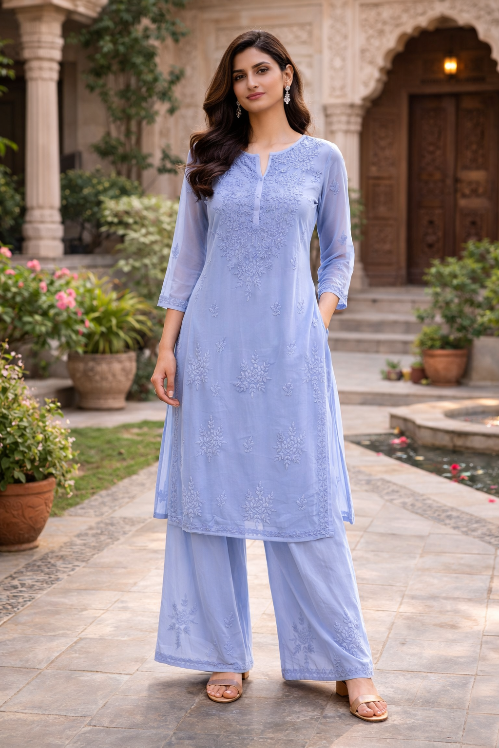Lucknowi Muslin Silk Kurta Plazo Set