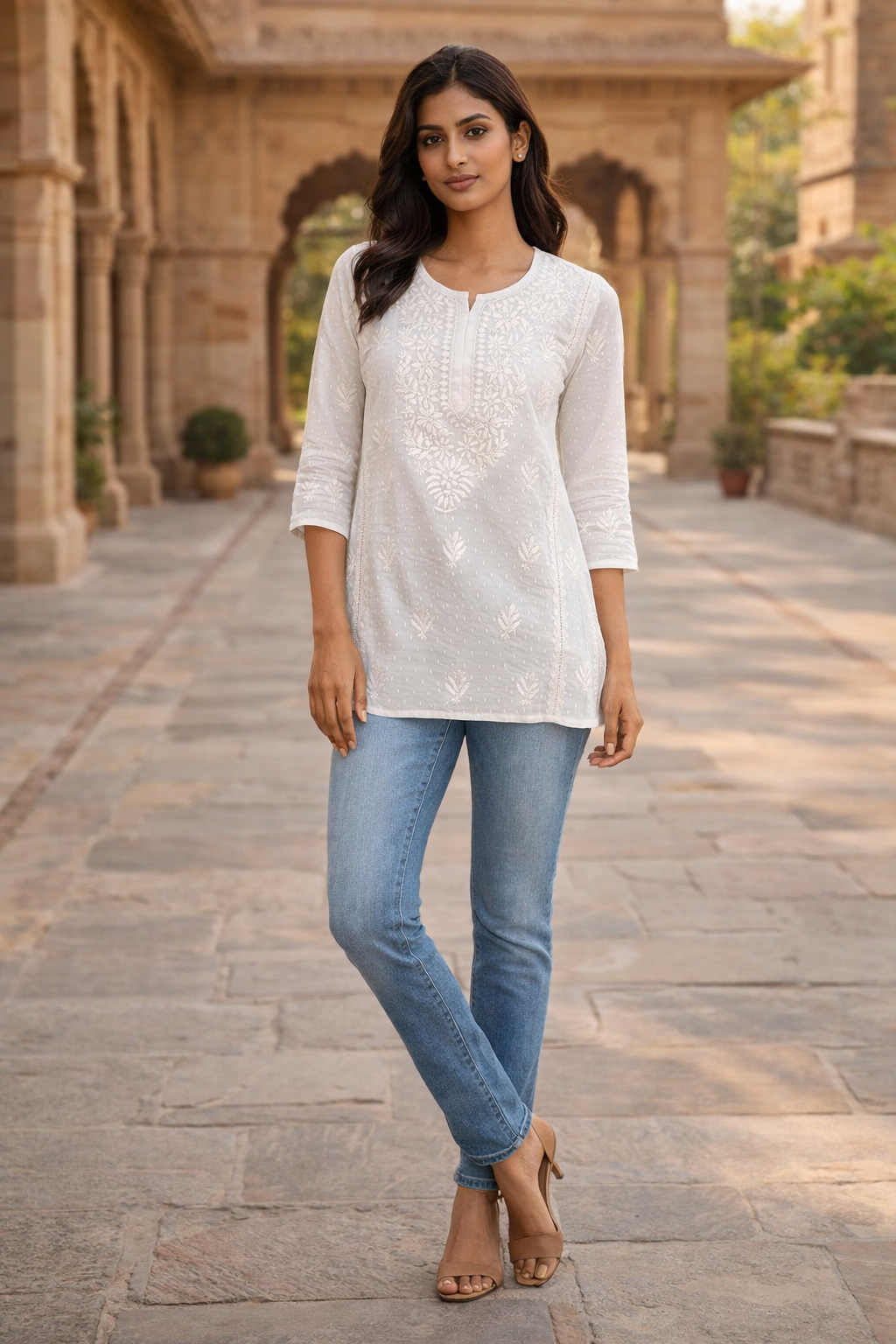 Lucknowi White FORMAL SHORT kurti