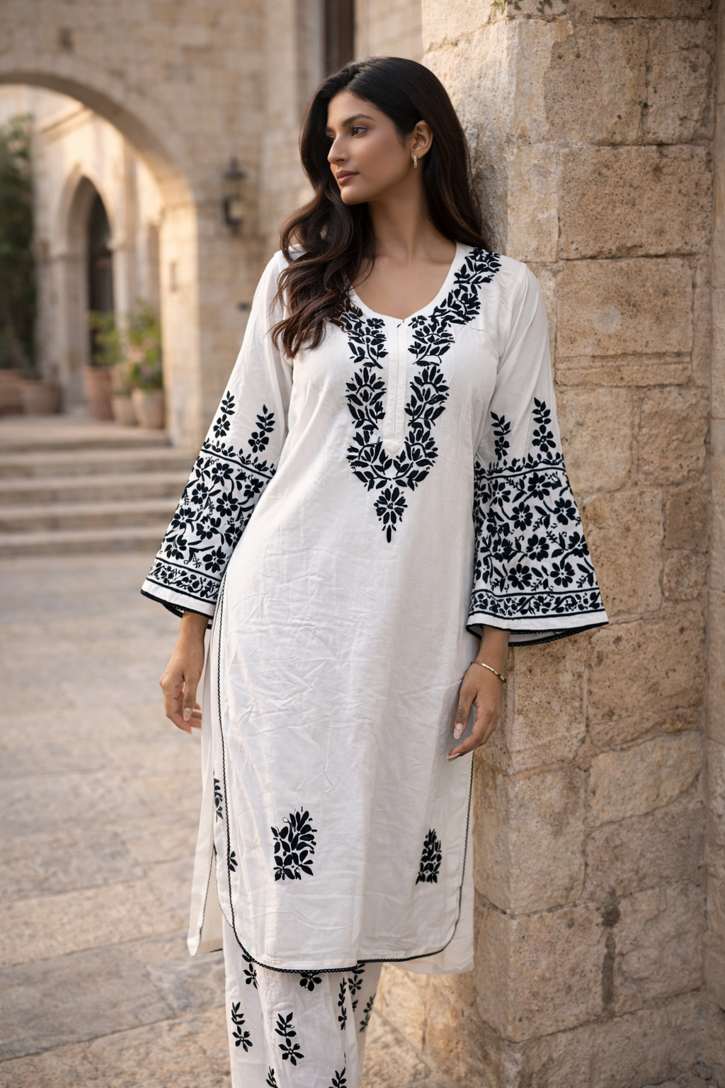 Lucknowi Modal cotton white bell sleevs