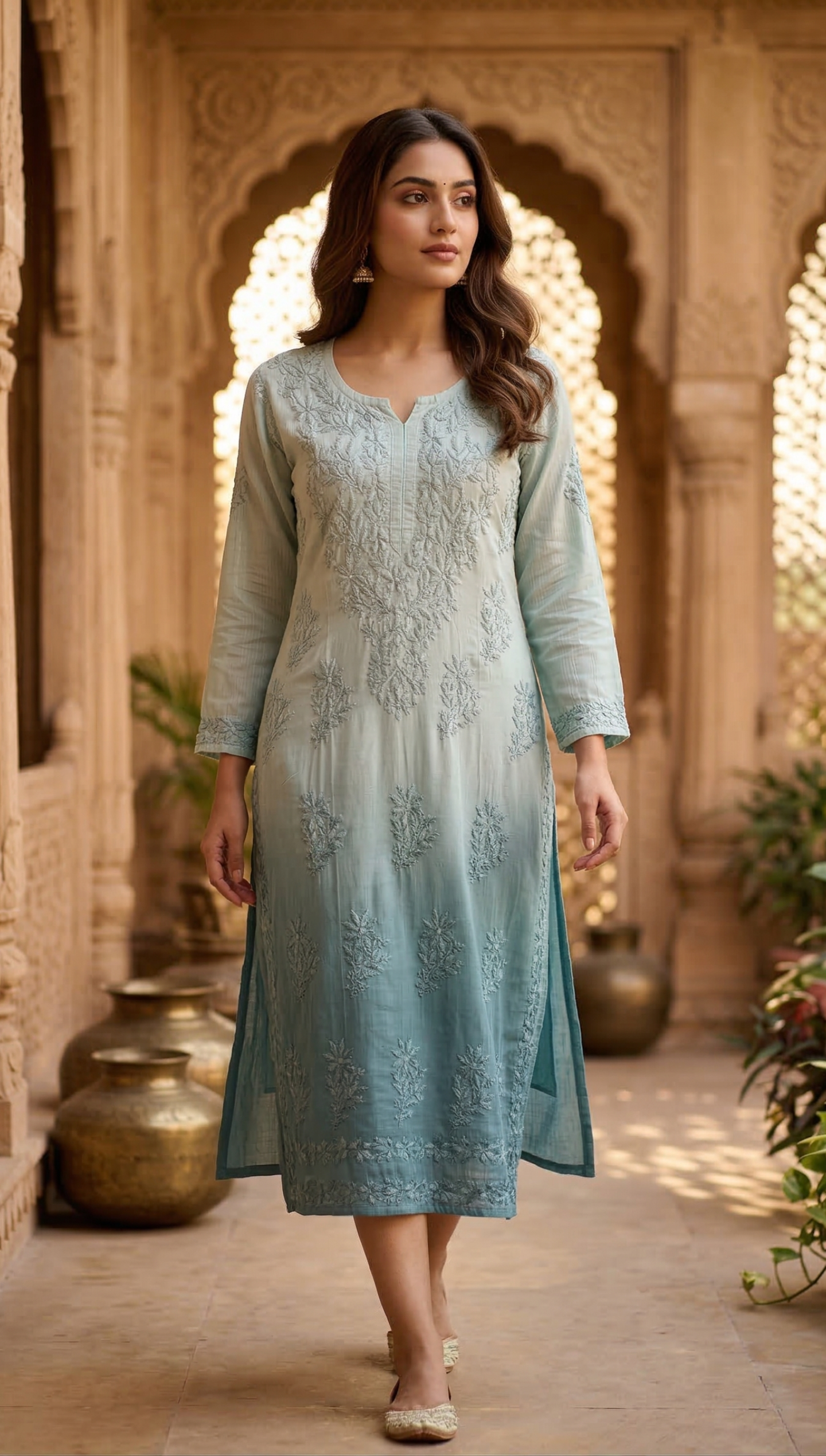 Lucknowi kurti pure Musclene with Ombre