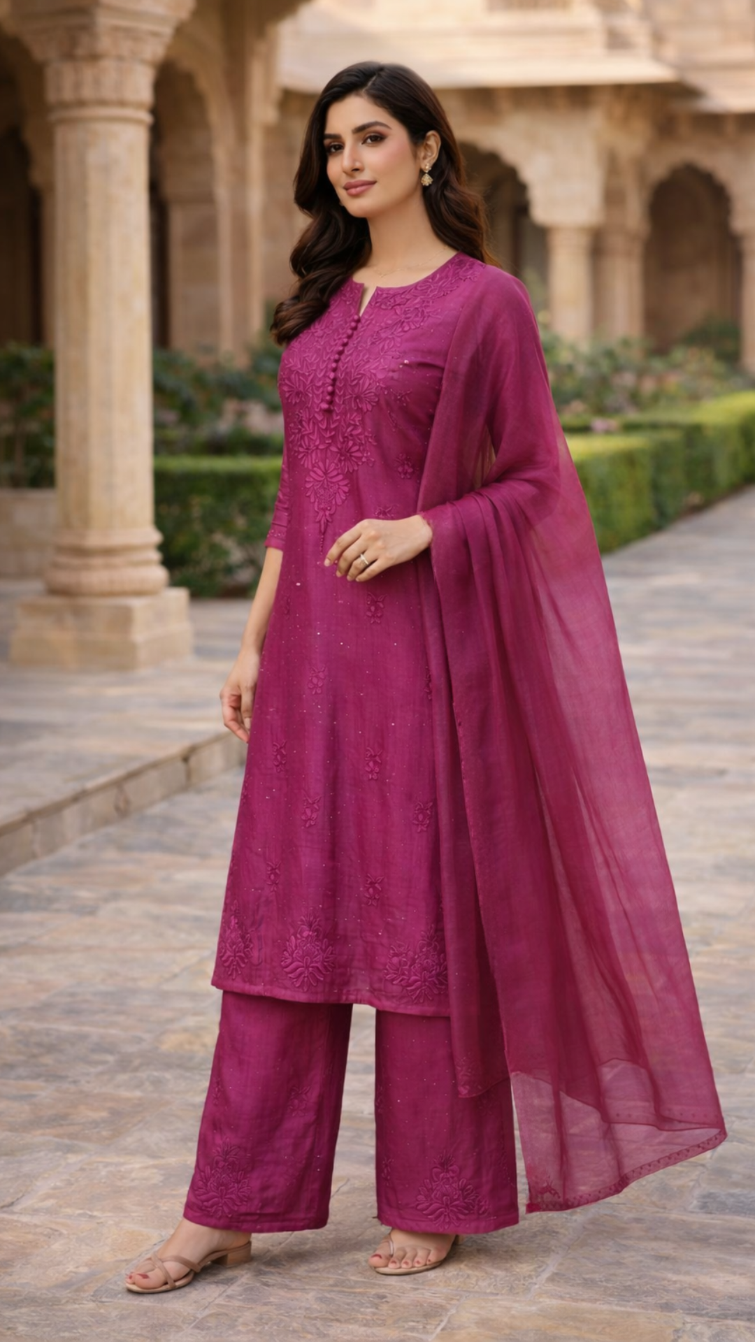 Lucknowi Chanderi Cotton Silk 3 piece set Kurta Plazo with dupatta