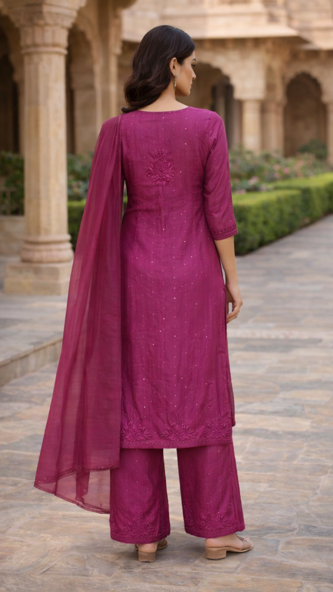 Lucknowi Chanderi Cotton Silk 3 piece set Kurta Plazo with dupatta