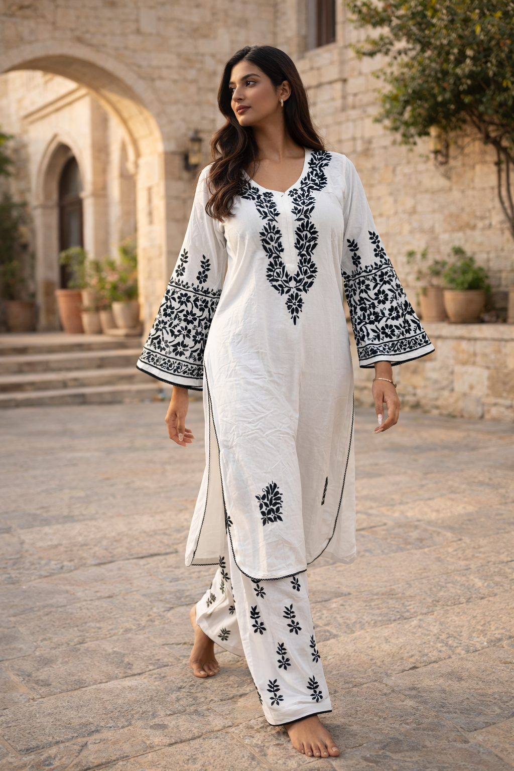 Lucknowi Modal cotton white bell sleevs