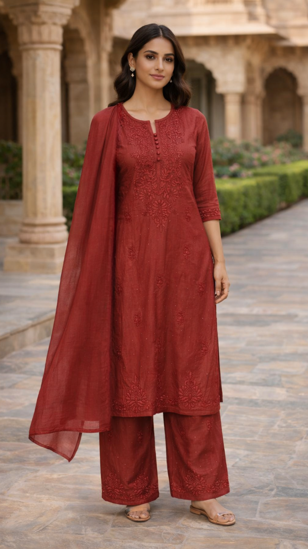 Lucknowi Chanderi Cotton Silk 3 piece set Kurta Plazo with dupatta
