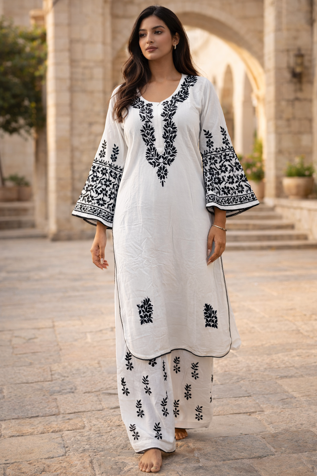 Lucknowi Modal cotton white bell sleevs