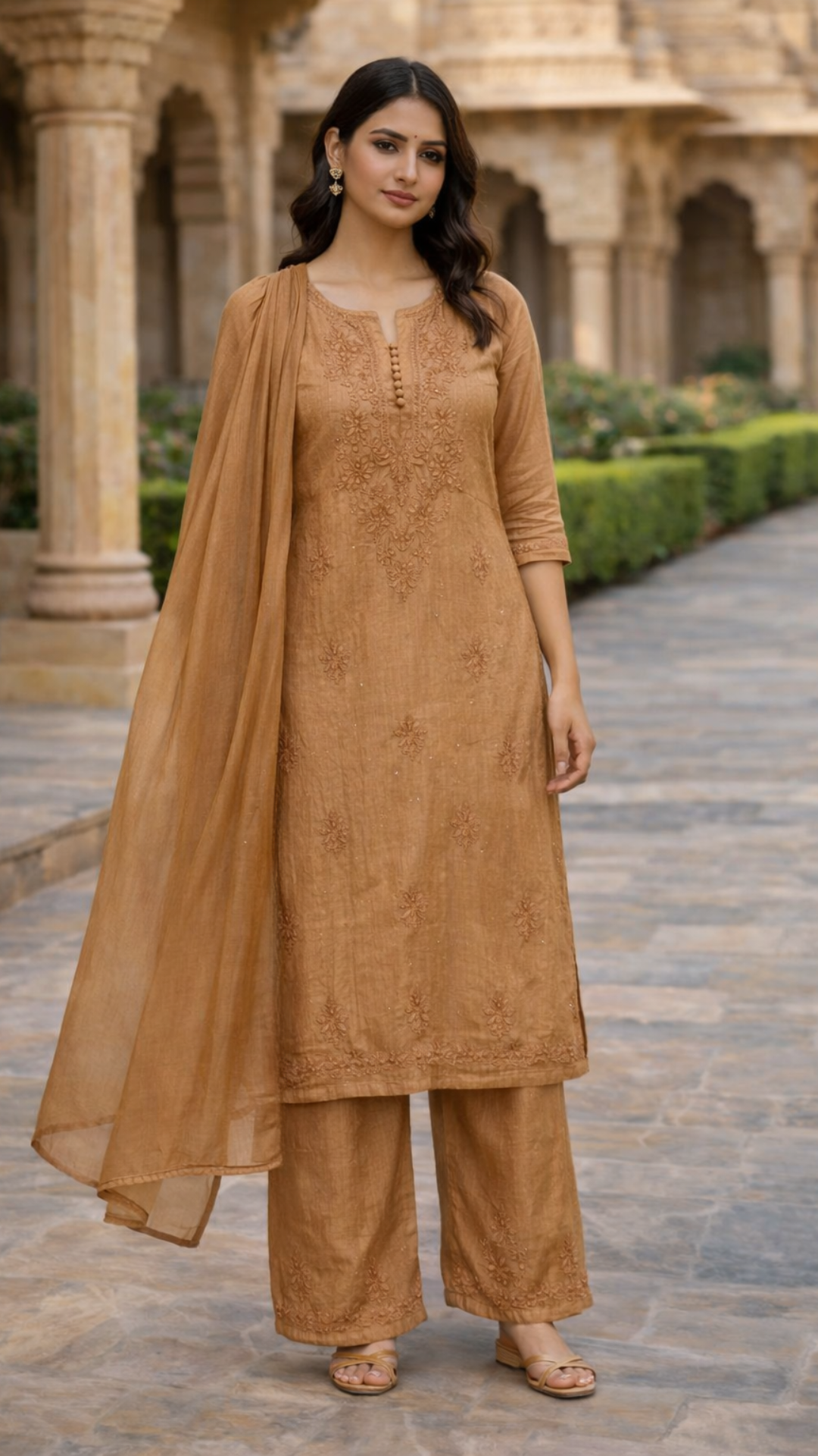 Lucknowi Chanderi Cotton Silk 3 piece set Kurta Plazo with dupatta