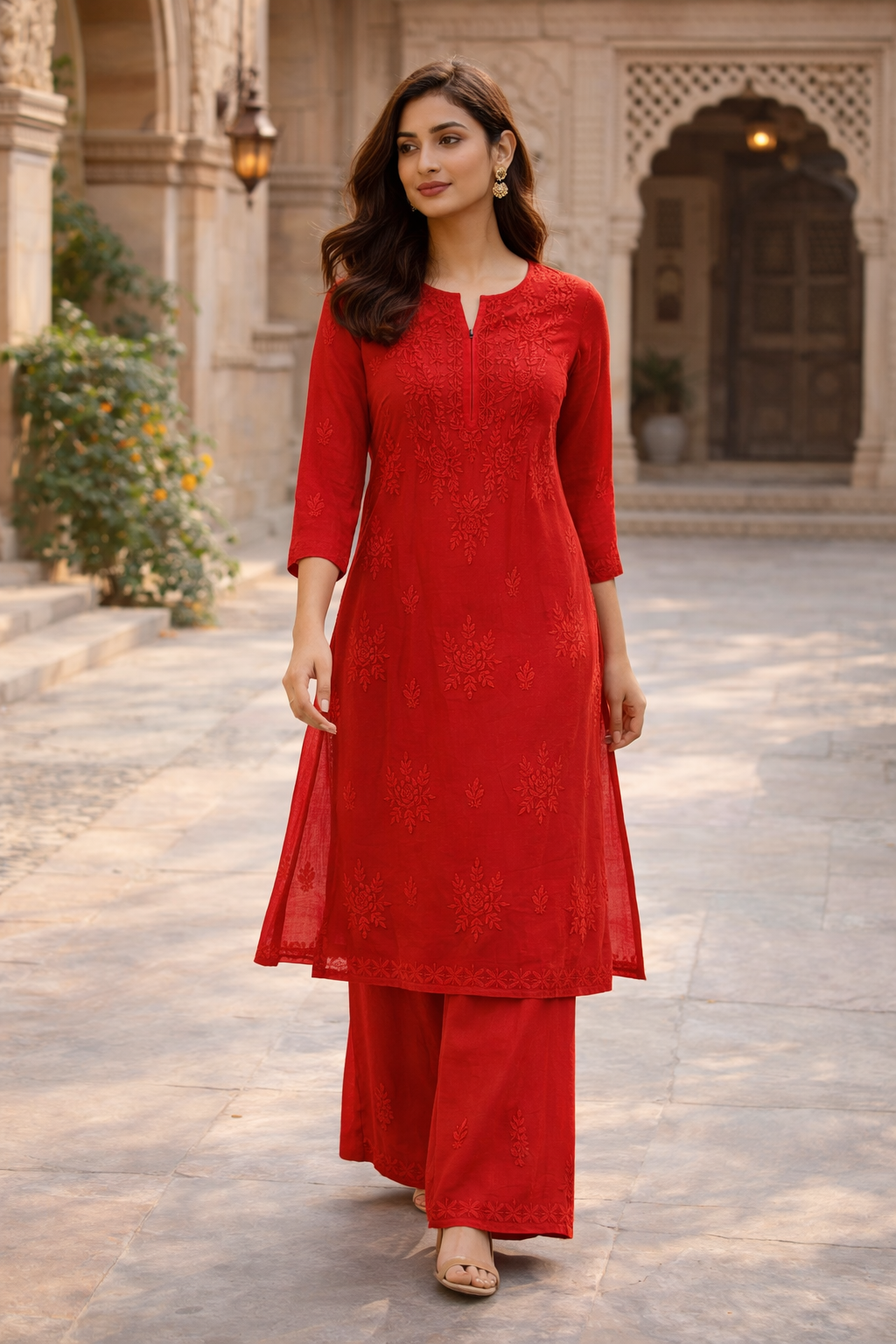 Lucknowi Muslin Silk Kurta Plazo Set