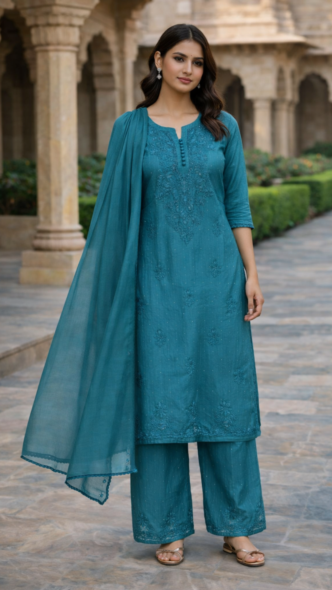 Lucknowi Chanderi Cotton Silk 3 piece set Kurta Plazo with dupatta