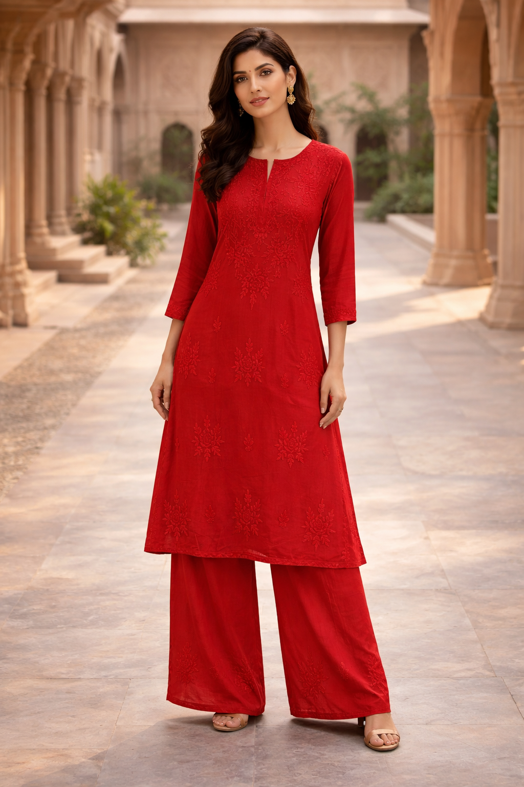 Lucknowi Muslin Silk Kurta Plazo Set